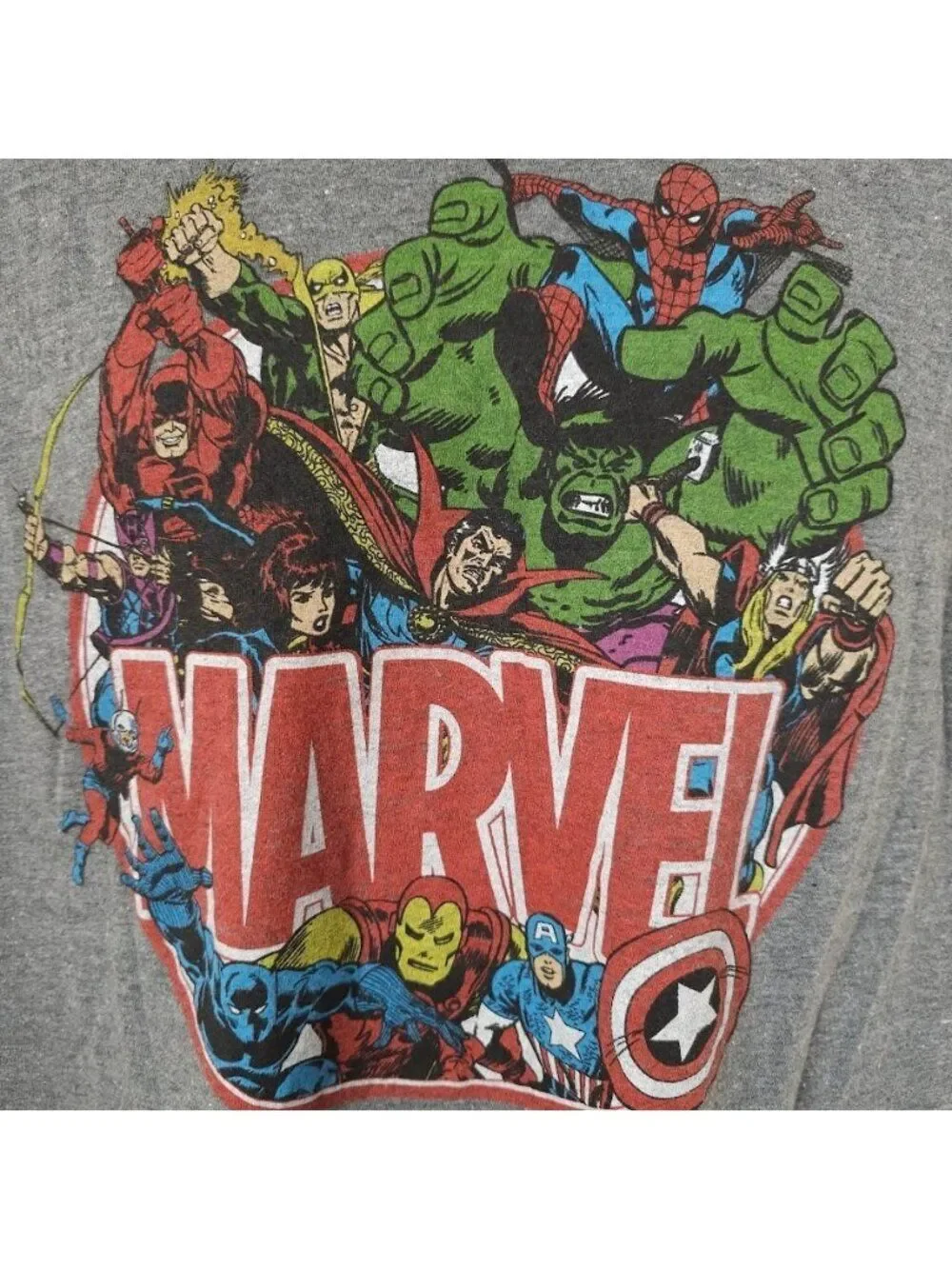 Marvel Avengers T Shirt Mens Size Large Gray Comic Book Hulk Iron Man Thor